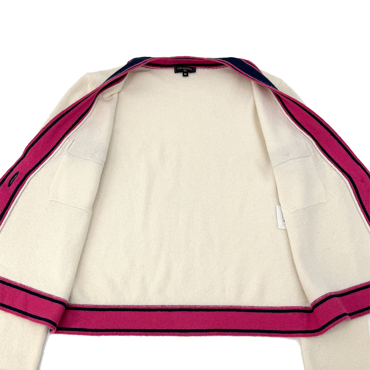 CHANEL COCO BUTTON CARDIGAN IVORY PINK NAVY CASHMERE 36 P62 RTW 90292797