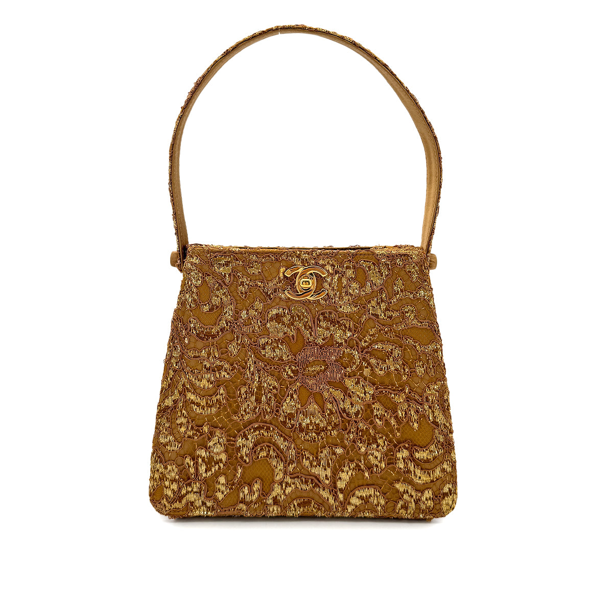 CHANEL VINTAGE W TURN LOCK HAND BAG BROWN GOLD SATIN 90292993
