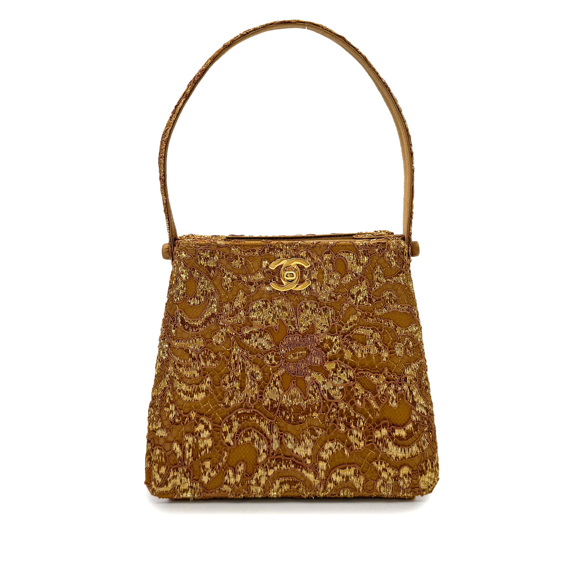 CHANEL VINTAGE W TURN LOCK HAND BAG BROWN GOLD SATIN 90292993