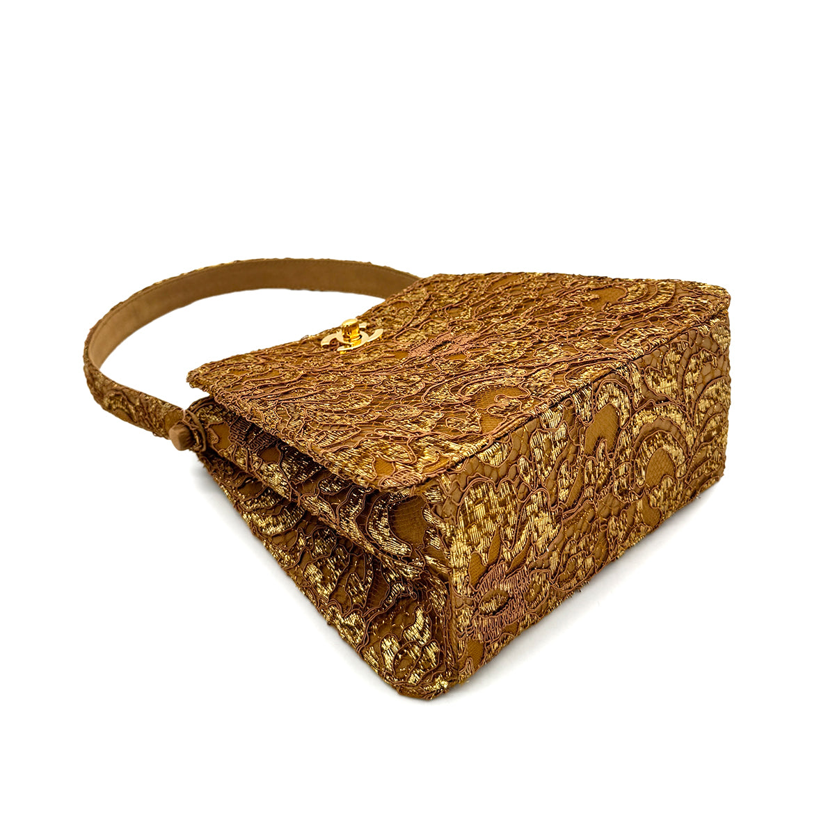 CHANEL VINTAGE W TURN LOCK HAND BAG BROWN GOLD SATIN 90292993