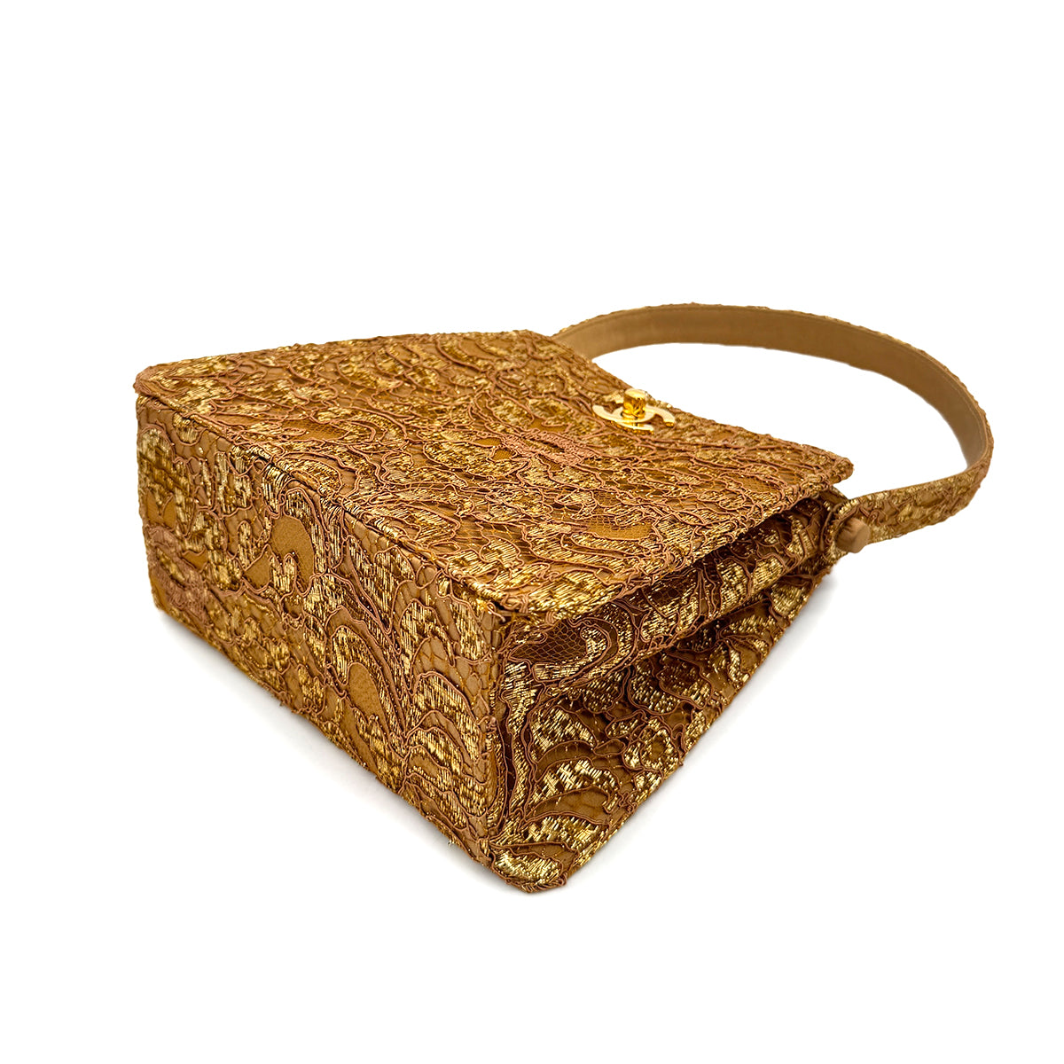 CHANEL VINTAGE W TURN LOCK HAND BAG BROWN GOLD SATIN 90292993
