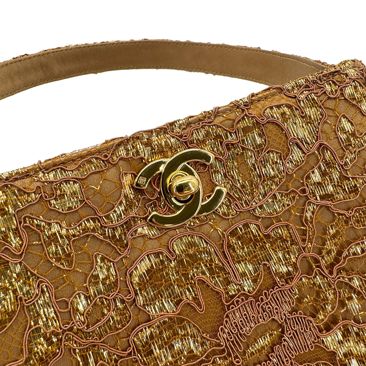 CHANEL VINTAGE W TURN LOCK HAND BAG BROWN GOLD SATIN 90292993