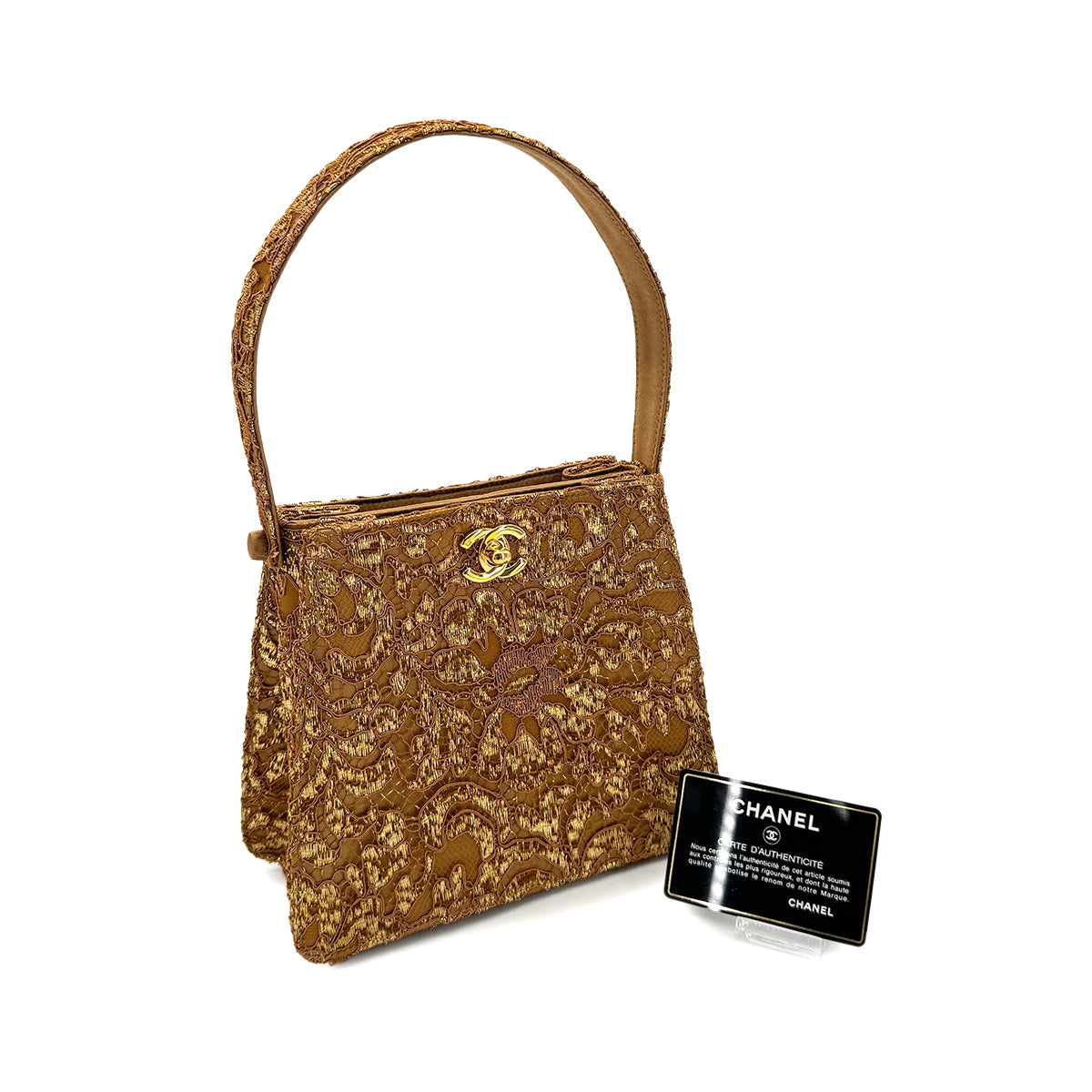 CHANEL VINTAGE W TURN LOCK HAND BAG BROWN GOLD SATIN 90292993