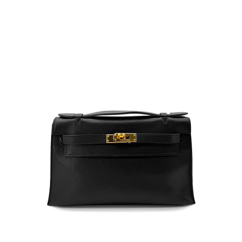 HERMES KELLY POCHETTE SELLIER BLACK EVERGRAIN HAND BAG □I GHW 90293008 - PURPOSE