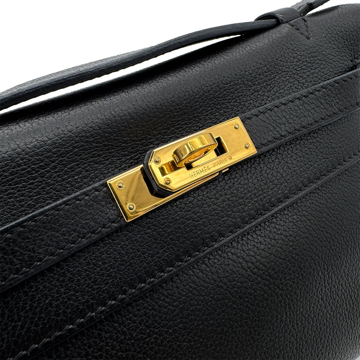 HERMES KELLY POCHETTE SELLIER BLACK EVERGRAIN HAND BAG □I GHW 90293008