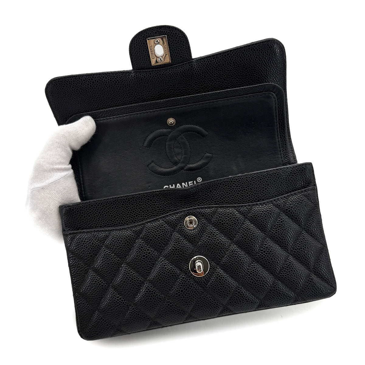 CHANEL CLASSIC FLAP SMALL CHAIN SHOULDER BAG BLACK CAVIAR SKIN 90293023