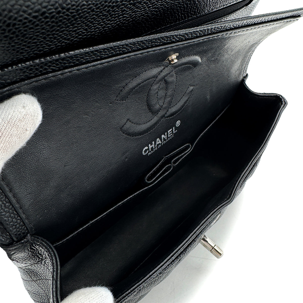 CHANEL CLASSIC FLAP SMALL CHAIN SHOULDER BAG BLACK CAVIAR SKIN 90293023