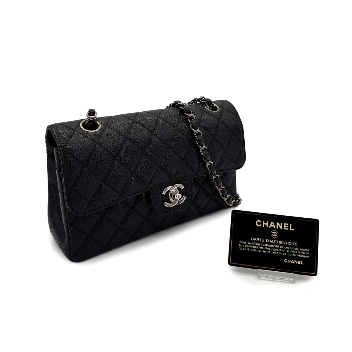 CHANEL CLASSIC FLAP SMALL CHAIN SHOULDER BAG BLACK CAVIAR SKIN 90293023