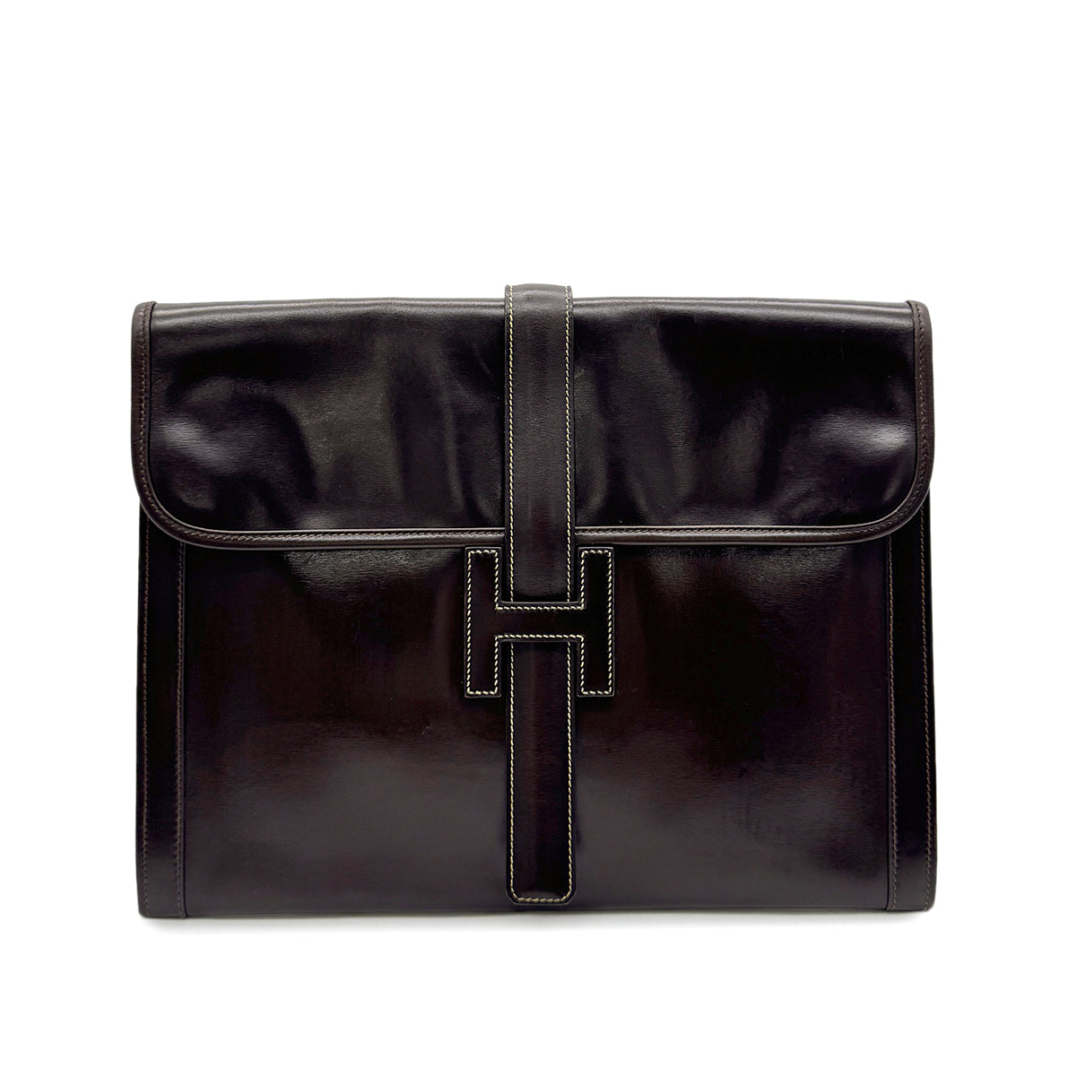 HERMES JIGE GM EBENE BOXCALF CLUTCH BAG 〇K 90293024
