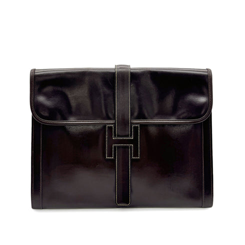 HERMES JIGE GM EBENE BOXCALF CLUTCH BAG 〇K 90293024 - PURPOSE