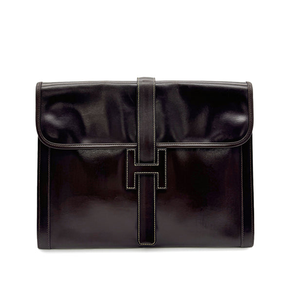HERMES JIGE GM EBENE BOXCALF CLUTCH BAG 〇K 90293024 - PURPOSE