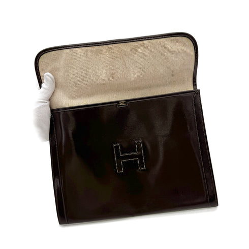 HERMES JIGE GM EBENE BOXCALF CLUTCH BAG 〇K 90293024 - PURPOSE