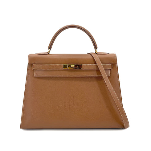 HERMES KELLY 32 SELLIER GOLD COUCHEVEL HAND SHOULDER BAG 〇Y GHW 90293255 - PURPOSE