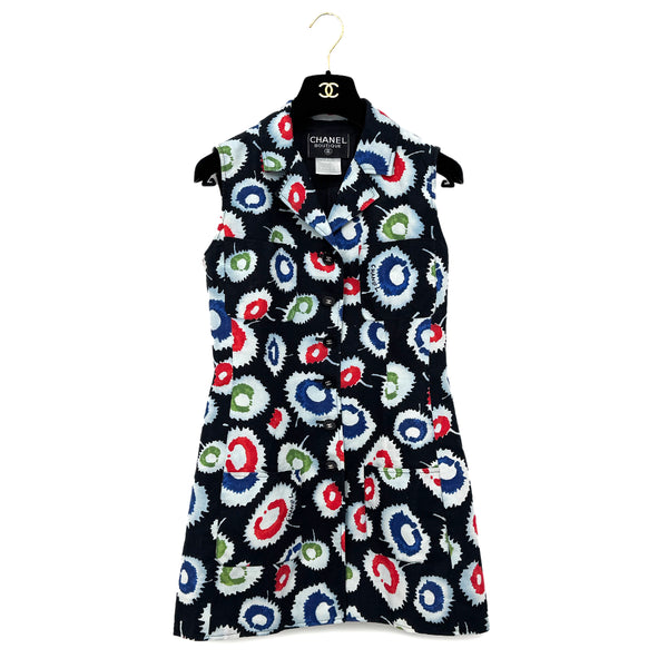 CHANEL VINTAGE SLEEVELESS DRESS COCO BUTTON MULTI COLOR LINEN 38 97S RTW 90293258