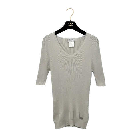 CHANEL VINTAGE KNIT SHORT SLEEVE TOPS LOGO GRAY SILK 44 99P RTW 90293287