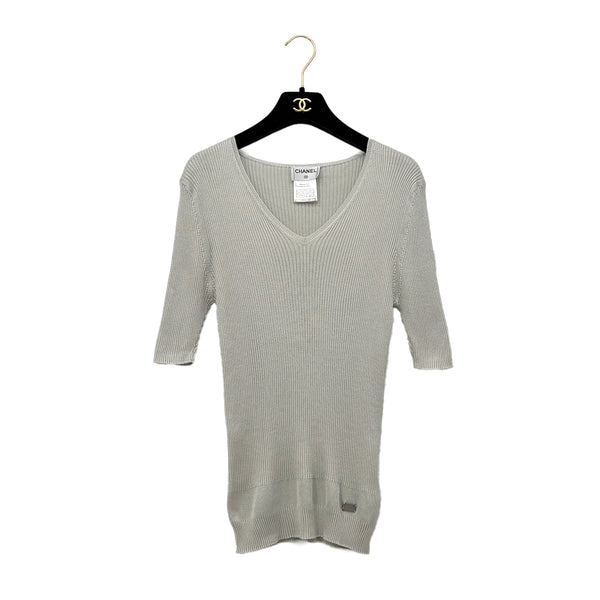 CHANEL VINTAGE KNIT SHORT SLEEVE TOPS LOGO GRAY SILK 44 99P RTW 90293287