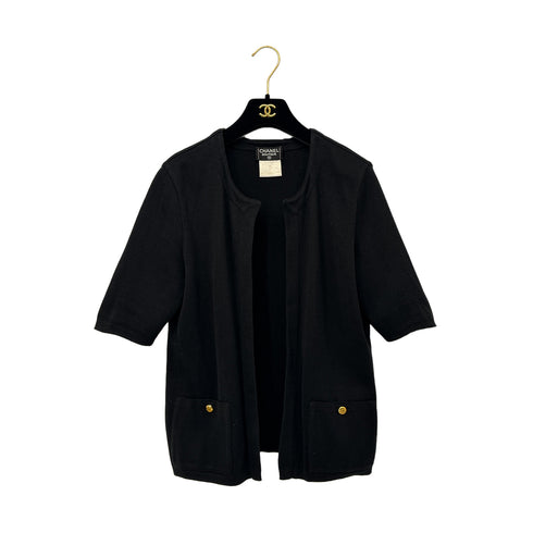 CHANEL VINTAGE KNIT SHORT SLEEVE GOWN TOPS COCO BUTTON BLACK COTTON 40 96P RTW 90293288