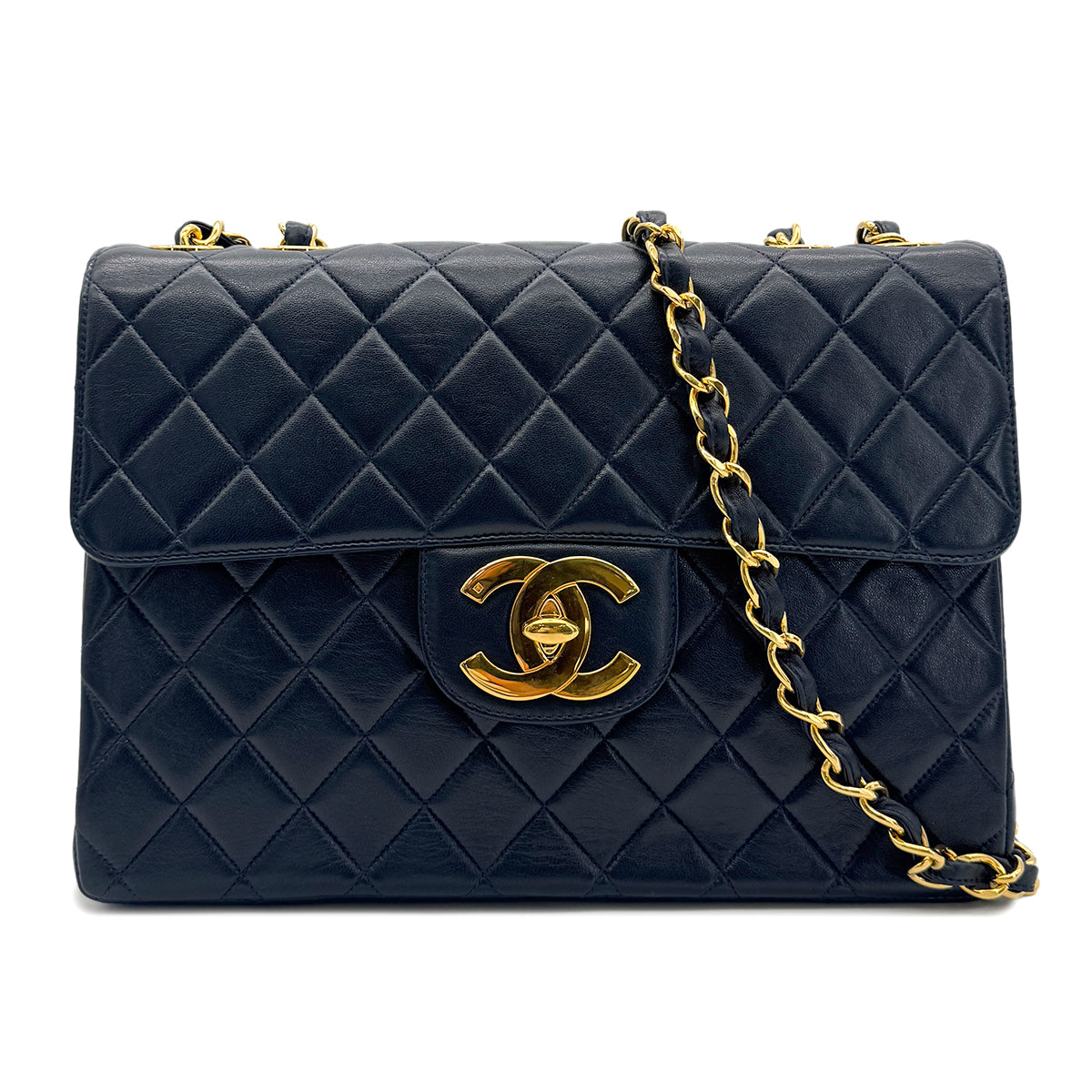 CHANEL VINTAGE JUMBO MATELASSE 30 CHAIN SHOULDER BAG NAVY LAMB SKIN 90293300