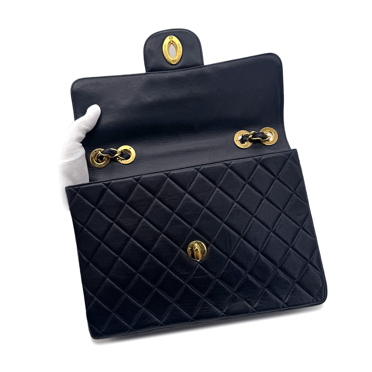 CHANEL VINTAGE JUMBO MATELASSE 30 CHAIN SHOULDER BAG NAVY LAMB SKIN 90293300