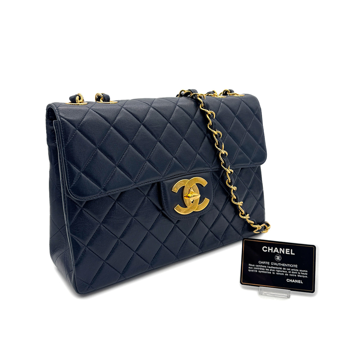 CHANEL VINTAGE JUMBO MATELASSE 30 CHAIN SHOULDER BAG NAVY LAMB SKIN 90293300