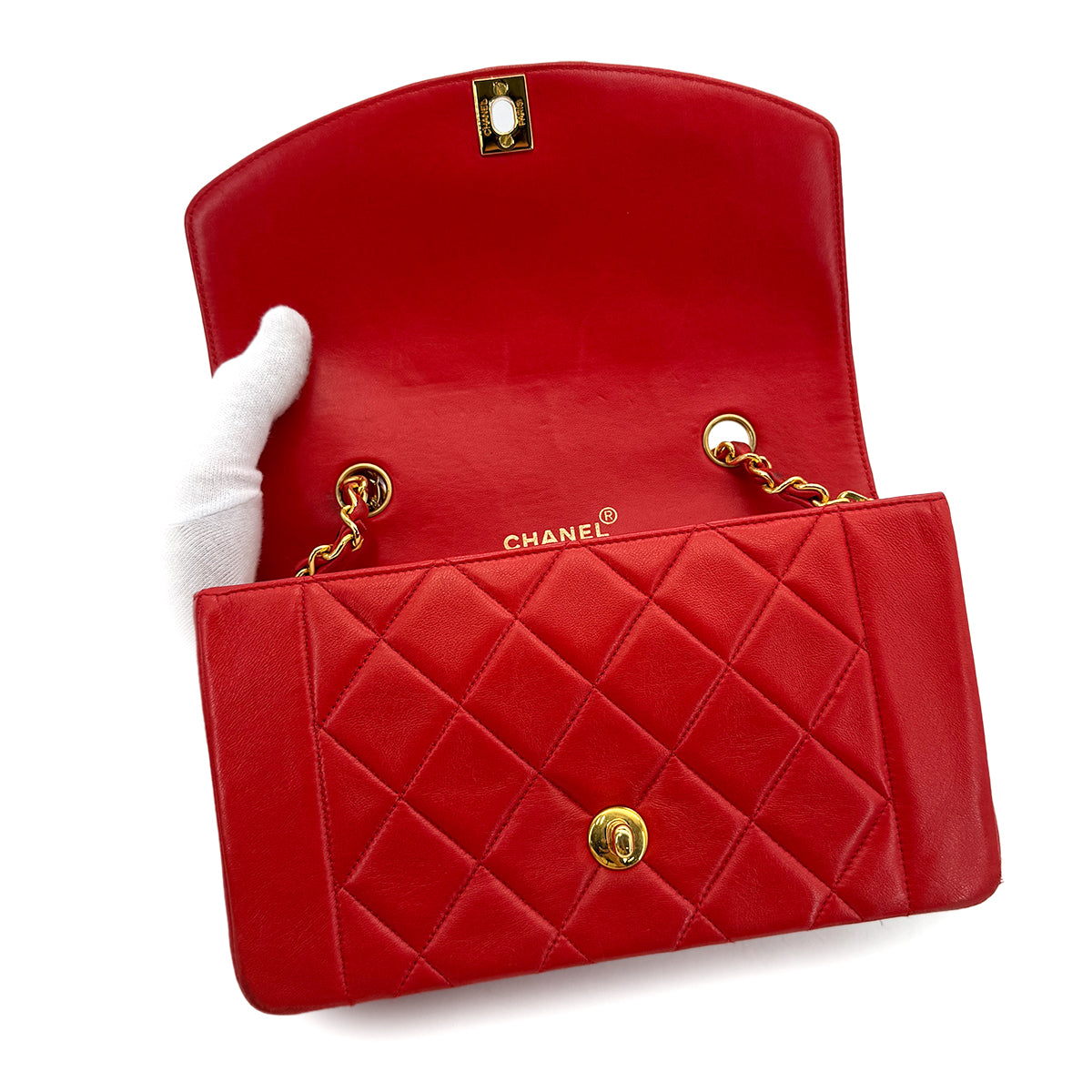 CHANEL VINTAGE DIANA SMALL CHAIN SHOULDER BAG RED LAMB SKIN 90293301