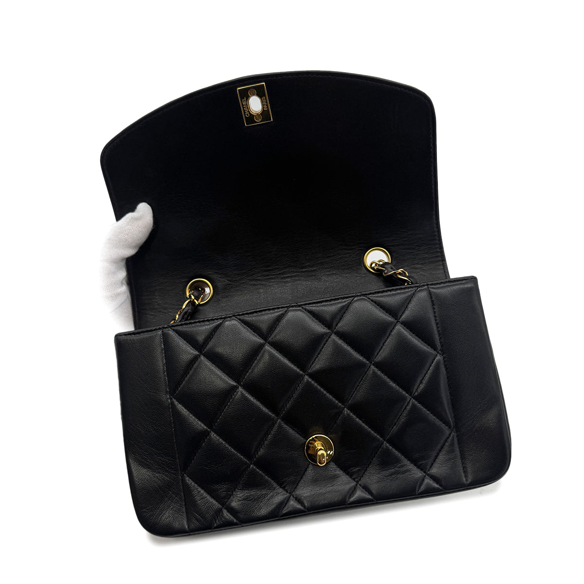 CHANEL VINTAGE DIANA SMALL CHAIN SHOULDER BAG BLACK LAMB SKIN 90293513