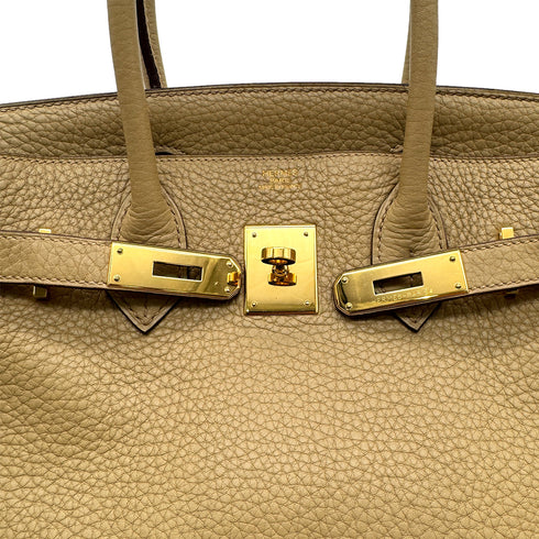 HERMES BIRKIN 30 TABAC CAMEL TAURILLON CLEMENCE HAND BAG □L GOLD HARDWARE 90294144 - PURPOSE