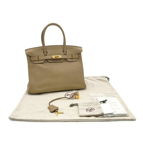 HERMES BIRKIN 30 TABAC CAMEL TAURILLON CLEMENCE HAND BAG □L GOLD HARDWARE 90294144 - PURPOSE