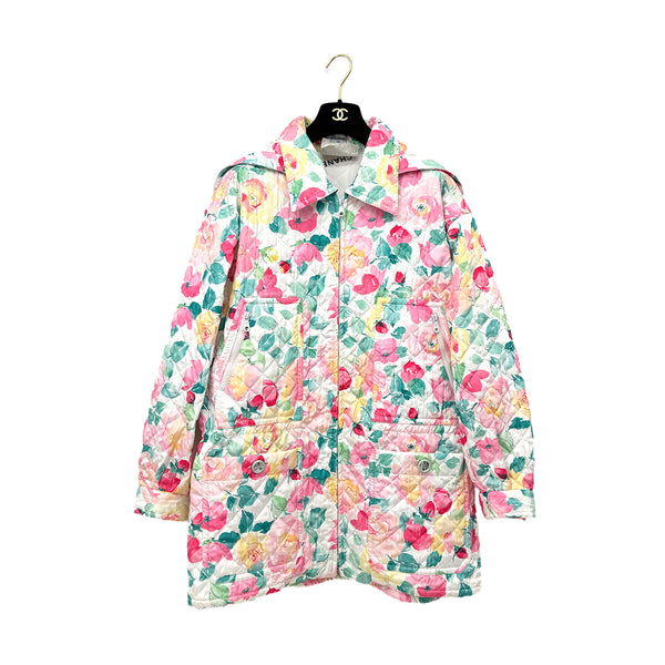 CHANEL VINTAGE QUILTED BLOUSON JACKET CAMELLIA FLOWER PATTERN COCOMARK COCO BUTTON LOGO MULTICOLOR POLYESTER 42 RTW 90294166