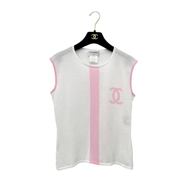 CHANEL VINTAGE SLEEVELESS TOPS COCOMARK WHITE PINK COTTON 40 00S RTW 90294169