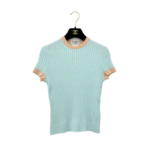 CHANEL VINTAGE SHORT SLEEVE KNIT TOPS LIGHT BLUE COTTON 40 97P RTW 90294170