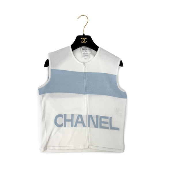 CHANEL VINTAGE SPORTSLINE SLEEVELEES TOPS WHITE BLUE COTTON 42 00S RTW 90294171