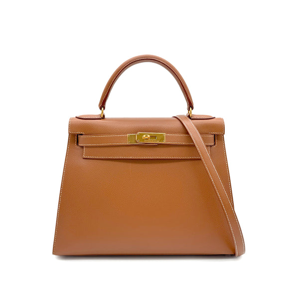 HERMES KELLY 28 SELLIER GOLD COUCHEVEL HAND SHOULDER BAG □A GHW 90294176 - PURPOSE