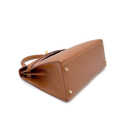 HERMES KELLY 28 SELLIER GOLD COUCHEVEL HAND SHOULDER BAG □A GHW 90294176 - PURPOSE