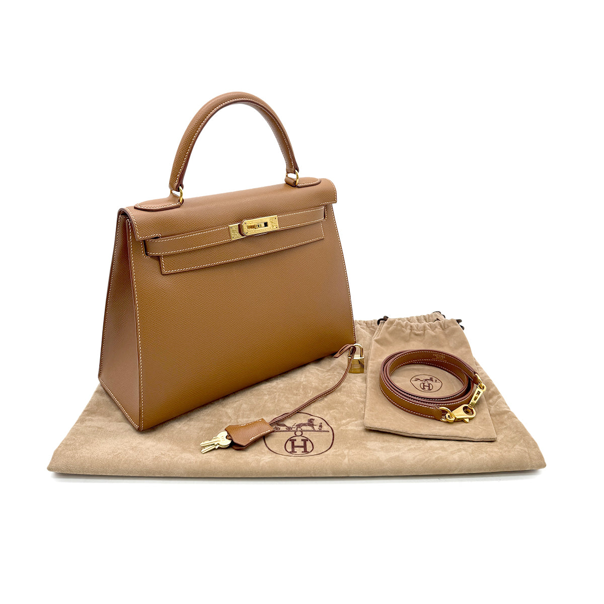 HERMES KELLY 28 SELLIER GOLD COUCHEVEL HAND SHOULDER BAG □A GHW 90294176
