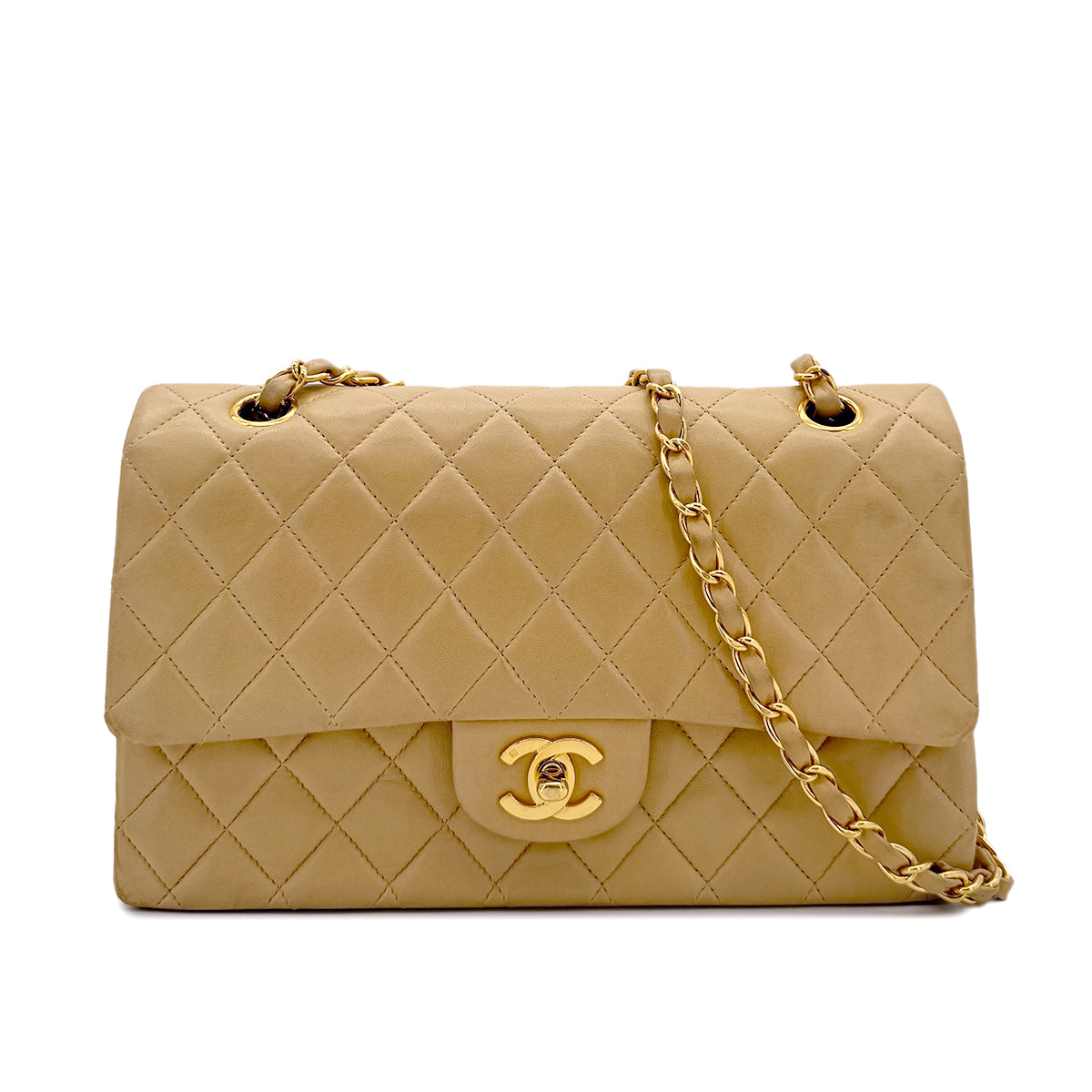 CHANEL VINTAGE CLASSIC FLAP MEDIUM CHAIN SHOULDER BAG BEIGE LAMB SKIN 90294177