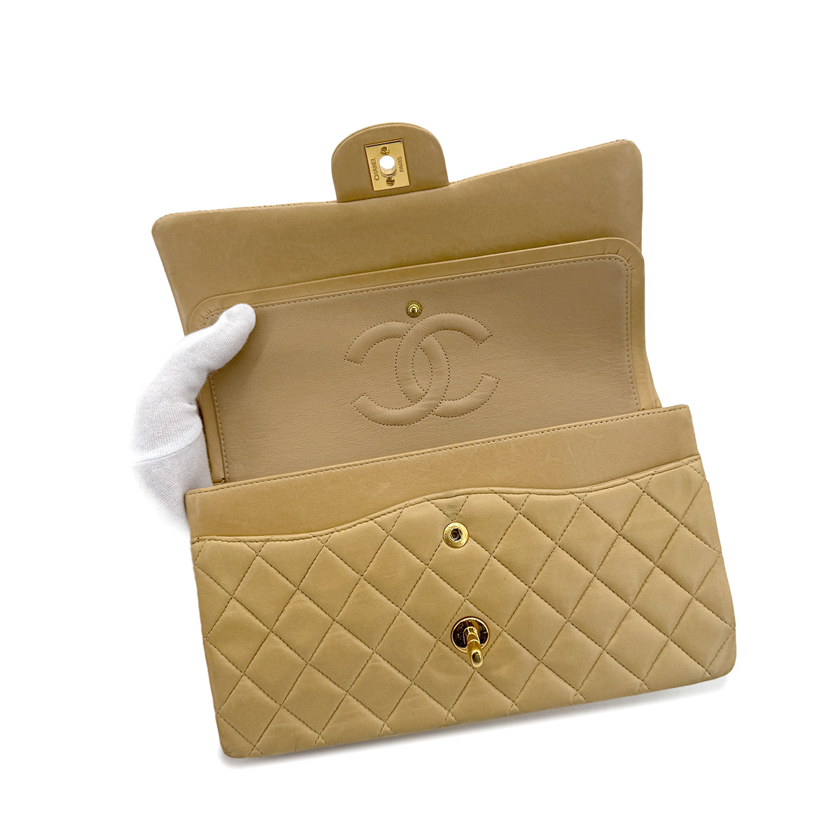 CHANEL VINTAGE CLASSIC FLAP MEDIUM CHAIN SHOULDER BAG BEIGE LAMB SKIN 90294177