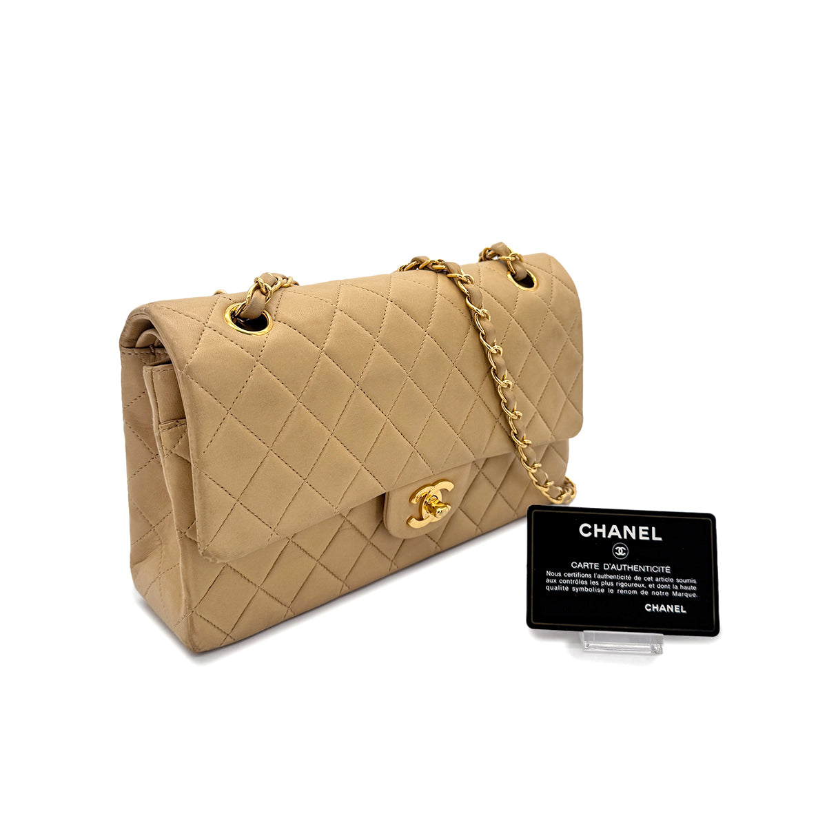CHANEL VINTAGE CLASSIC FLAP MEDIUM CHAIN SHOULDER BAG BEIGE LAMB SKIN 90294177