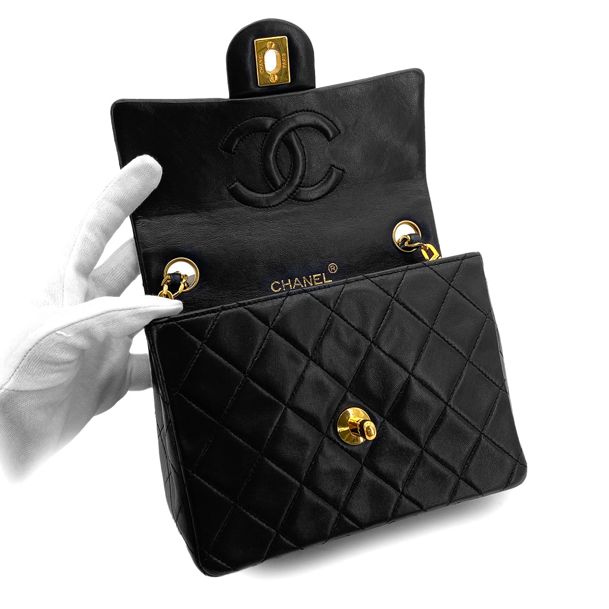 CHANEL VINTAGE MINI SQUARE 17 CHAIN SHOULDER BAG BLACK LAMB SKIN 90294180