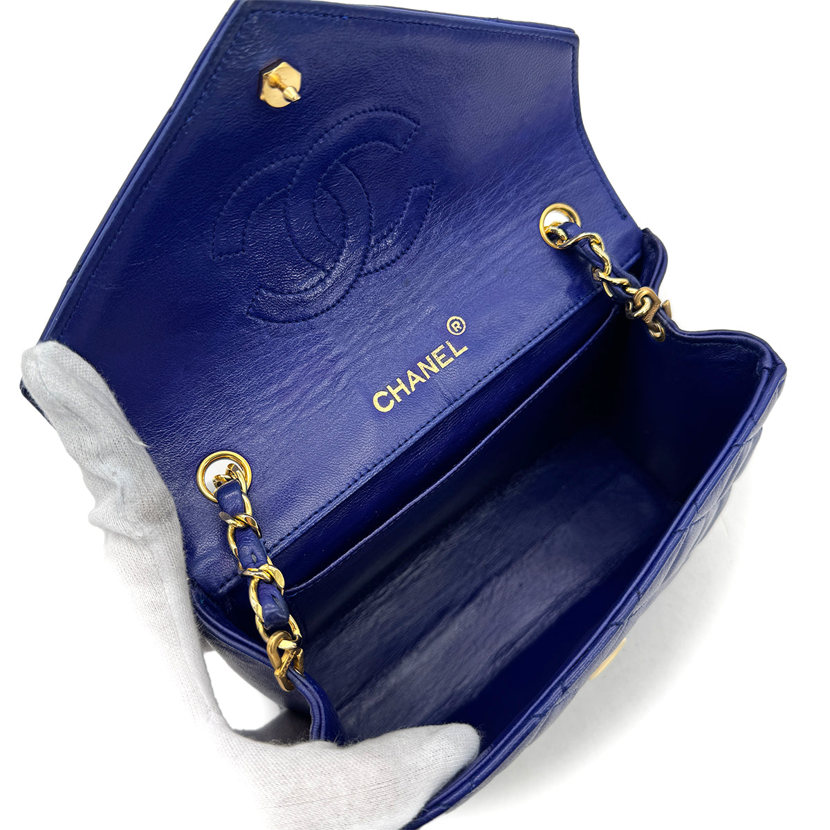 CHANEL VINTAGE MINI MATELASSE BIG COCO CHAIN SHOULDER BAG BLUE LAMB SKIN 90294183