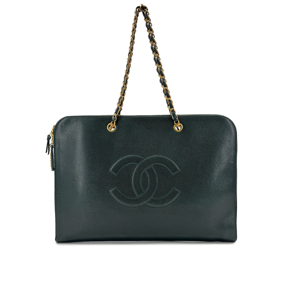 CHANEL VINTAGE BIG COCO CHAIN TOTE BAG GREEN CAVIAR SKIN 90294187