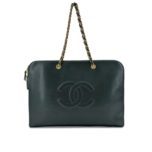 CHANEL VINTAGE BIG COCO CHAIN TOTE BAG GREEN CAVIAR SKIN 90294187