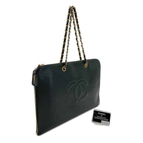 CHANEL VINTAGE BIG COCO CHAIN TOTE BAG GREEN CAVIAR SKIN 90294187