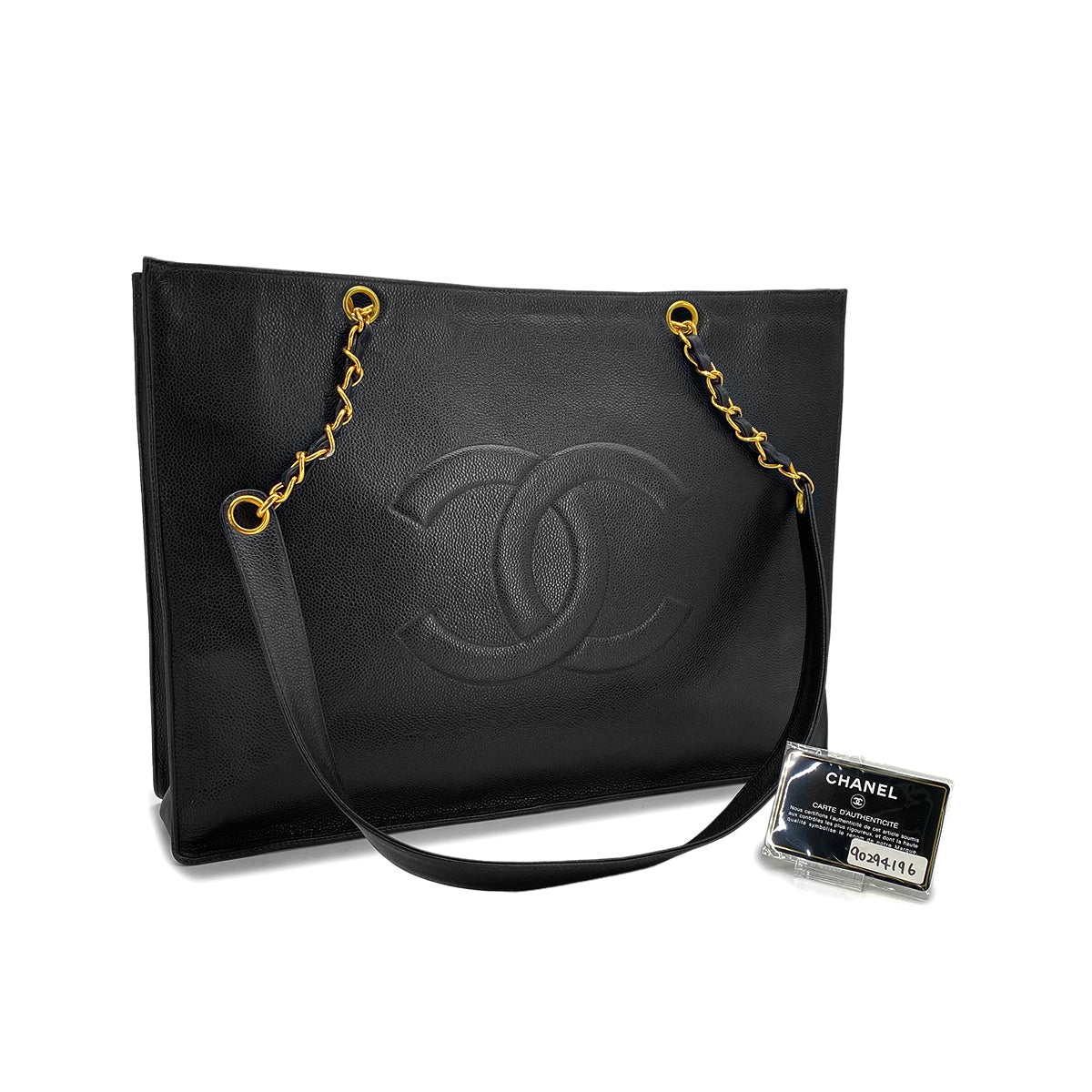 CHANEL VINTAGE BIG COCO CHAIN TOTE BAG BLACK CAVIAR SKIN 90294196