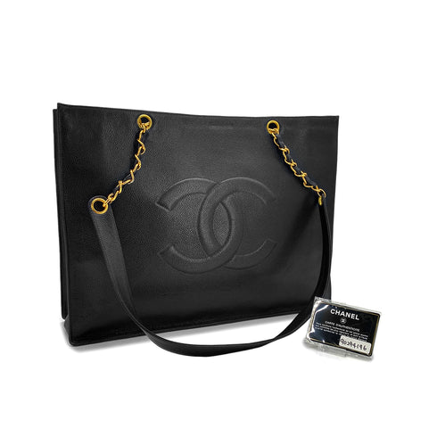 CHANEL VINTAGE BIG COCO CHAIN TOTE BAG BLACK CAVIAR SKIN 90294196 - PURPOSE