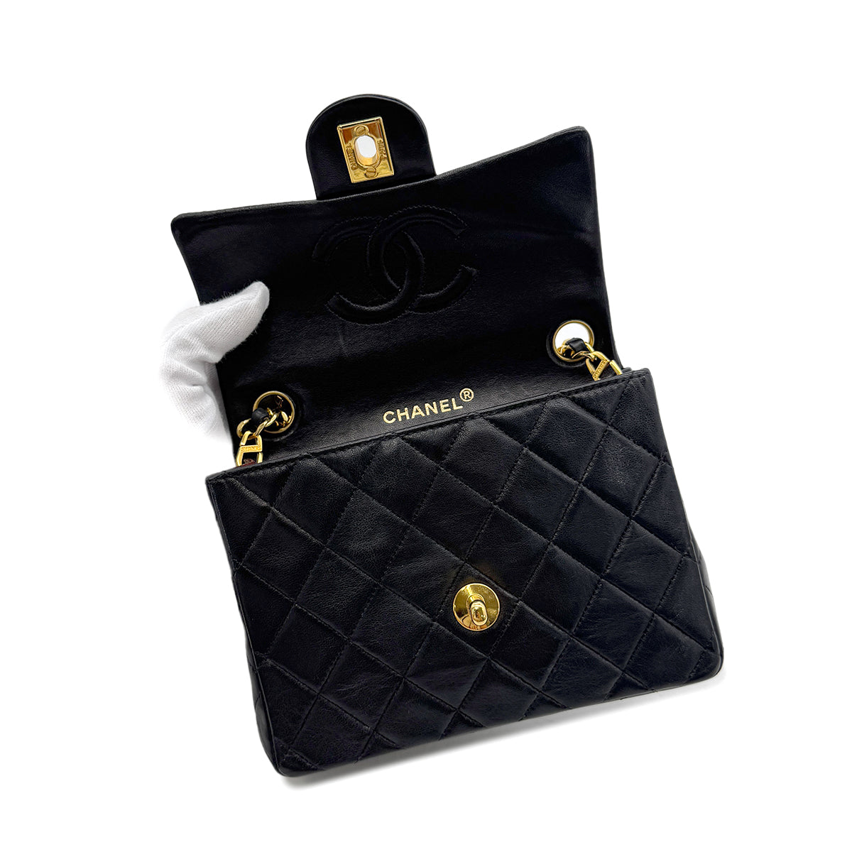 CHANEL VINTAGE MINI SQUARE 17 CHAIN SHOULDER BAG BLACK LAMB SKIN 90294201