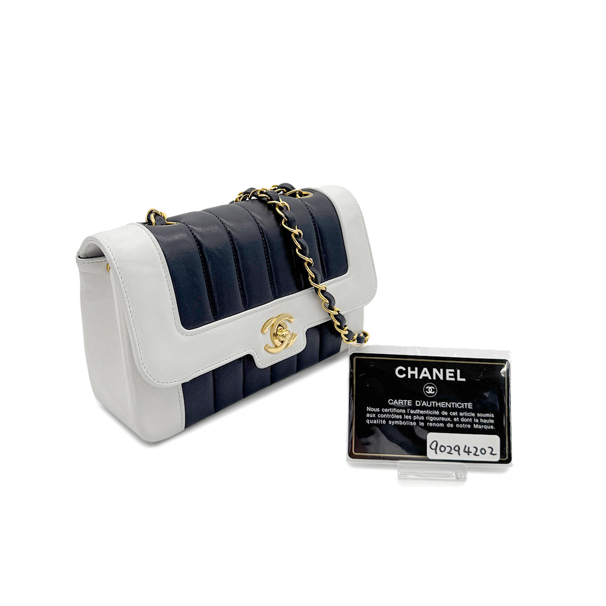 CHANEL VINTAGE MADEMOISELLE BICOLOR MINI CHAIN SHOULDER BAG NAVY WHITE LAMB SKIN 90294202