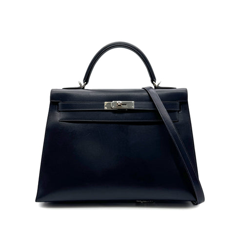 HERMES KELLY 32 SELLIER BLUE INDIGO BOXCALF HAND SHOULDER BAG □E SHW 90294204 - PURPOSE