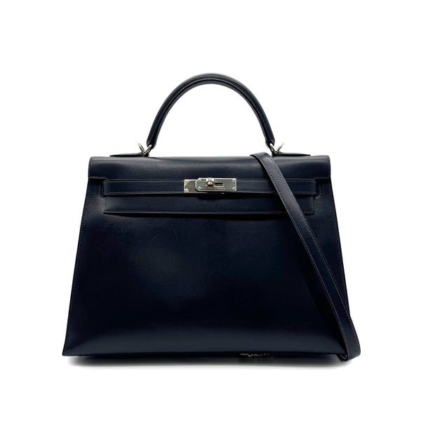 HERMES KELLY 32 SELLIER BLUE INDIGO BOXCALF HAND SHOULDER BAG □E SHW 90294204 - PURPOSE