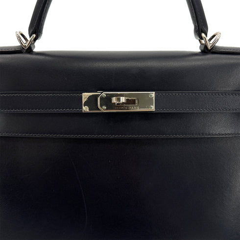 HERMES KELLY 32 SELLIER BLUE INDIGO BOXCALF HAND SHOULDER BAG □E SHW 90294204 - PURPOSE